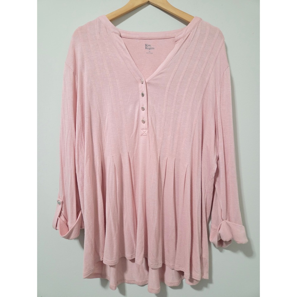 Kim Rogers Pink Pintuck V-Neck Roll-Tab Sleeve Knit Top 1X Plus Size - Picture 1 of 5